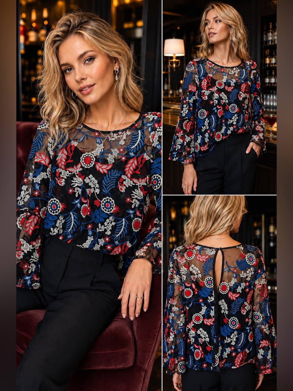 Aqua Embroidered Mesh Floral Bell Sleeve Sheer Top M Boho Cottagecore Whimsy
